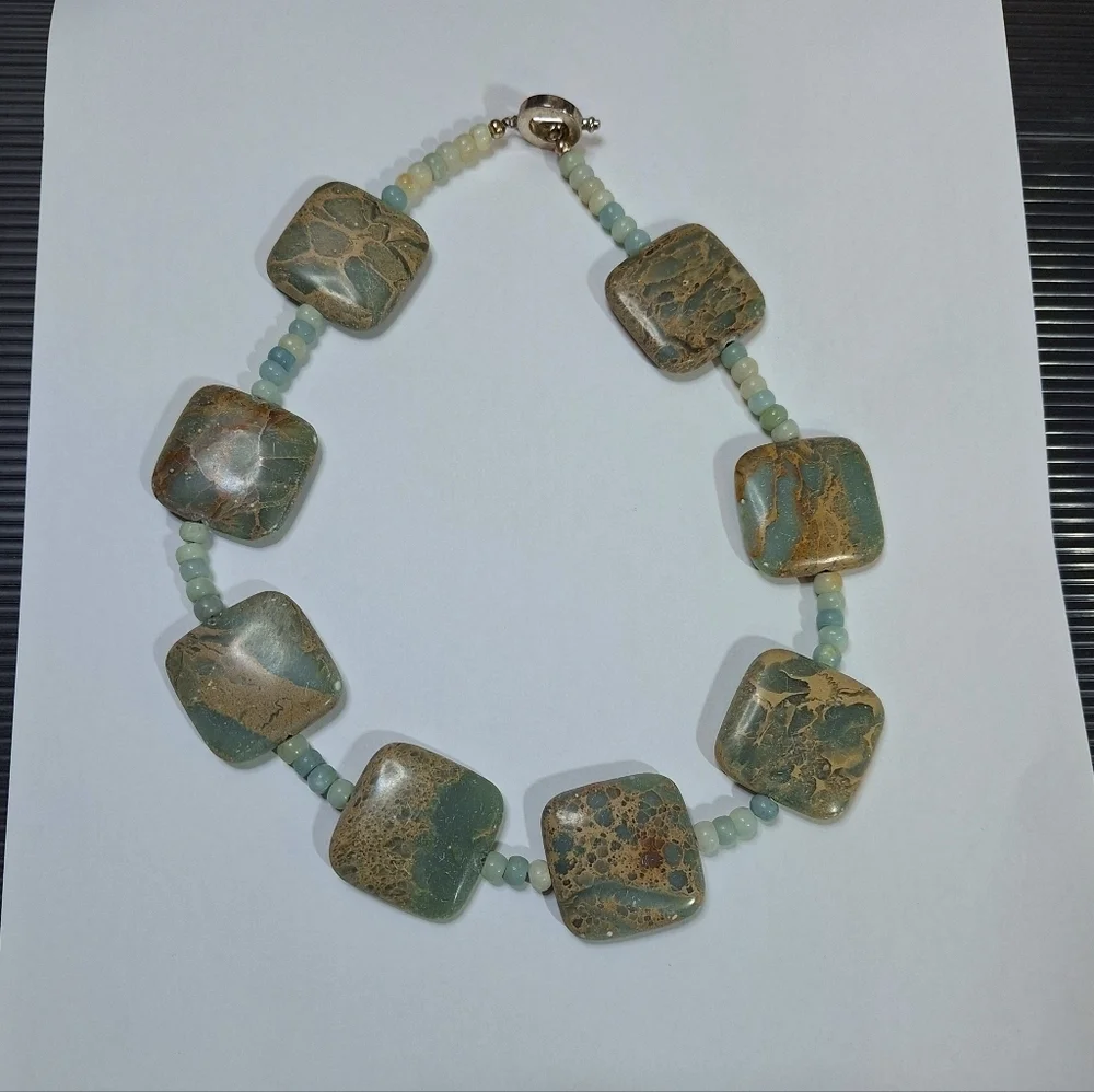 Teal Beaded Square Stone Marble Style Statement Costume Jewelry Necklace - Picture 6 of 11
